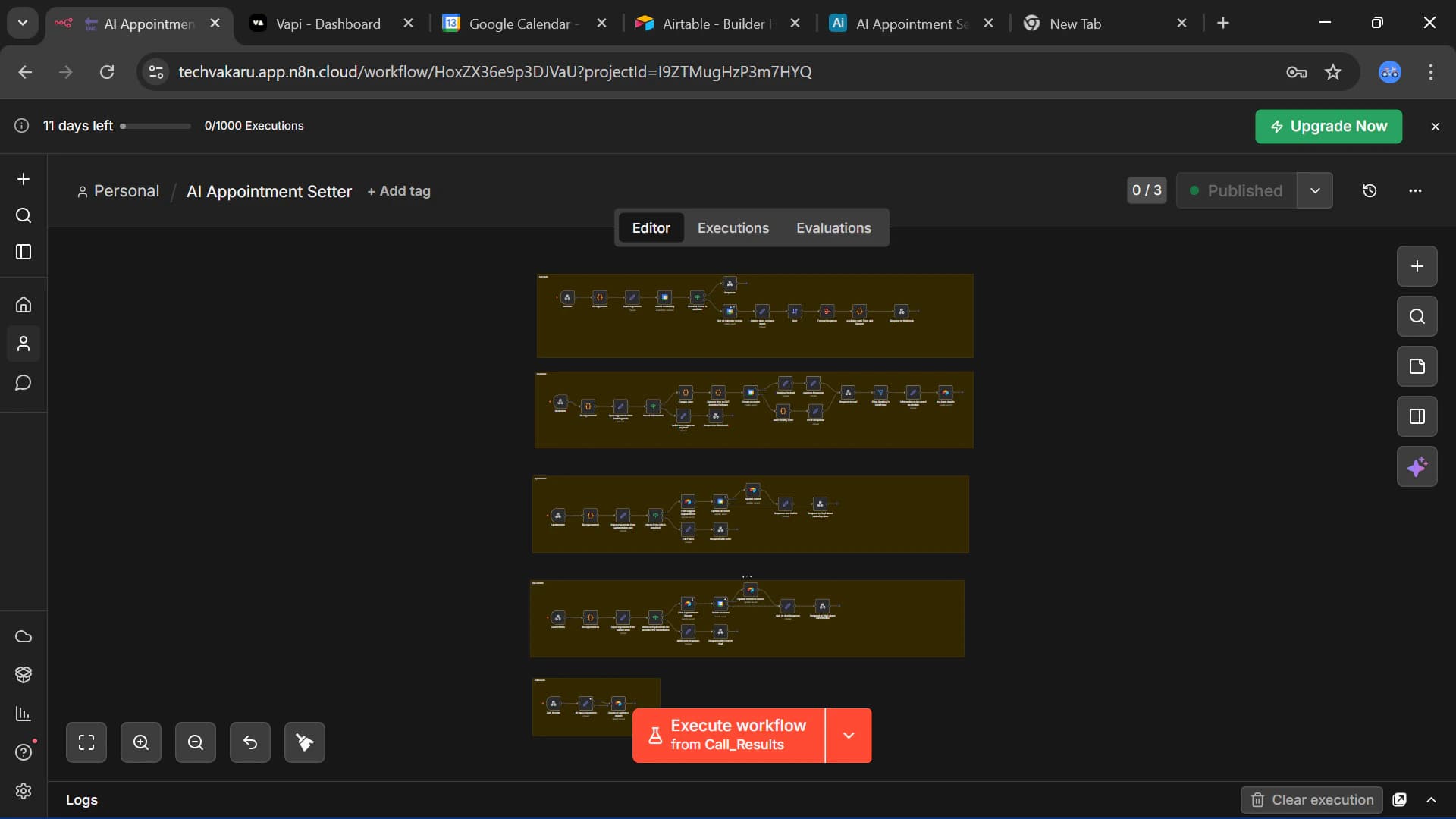 n8n appointment setter canvas showing connected call-result, qualification, booking, record-update, and follow-up branches